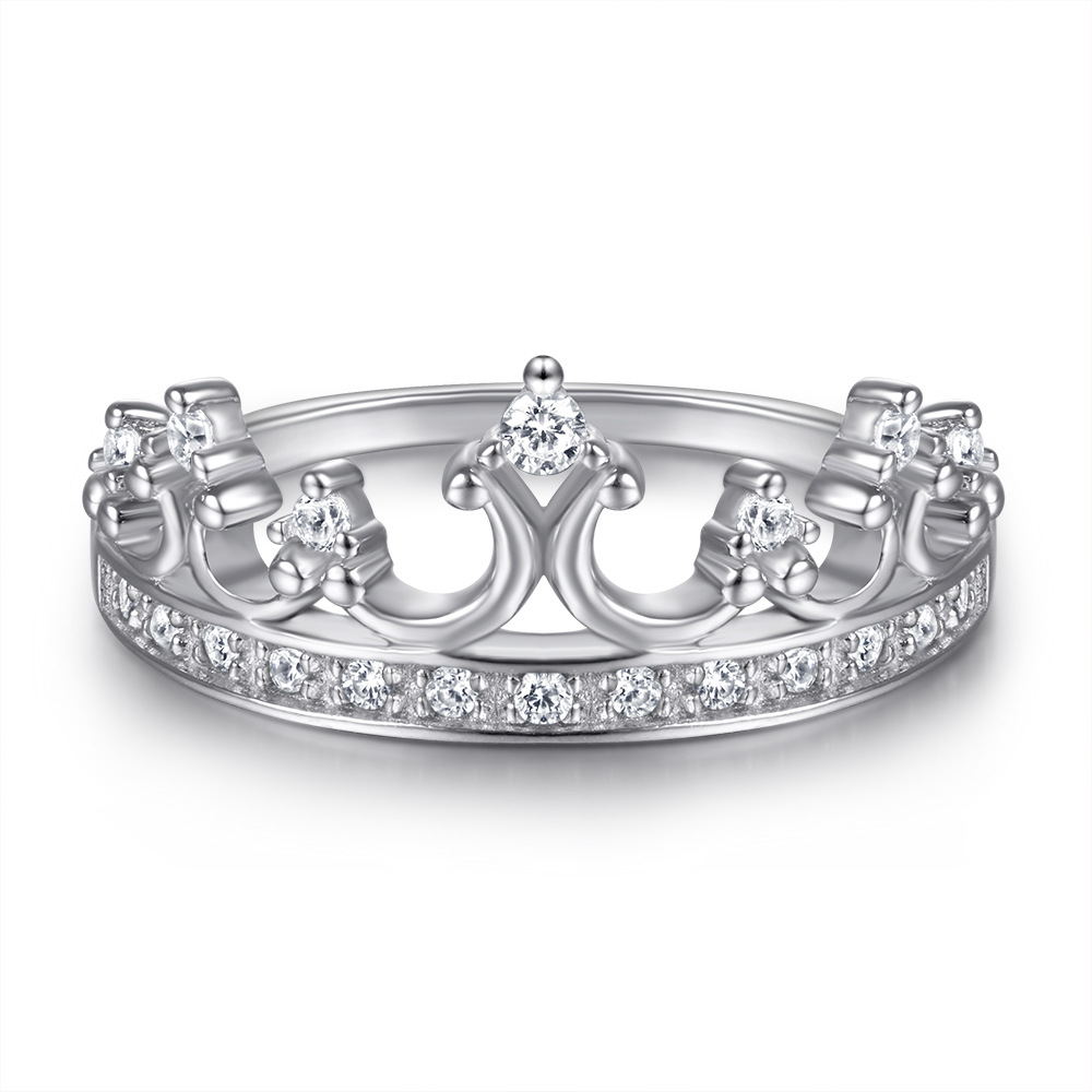 Silver Zircon Round Cut Wrapped Inlaid Crown Dainty Ring