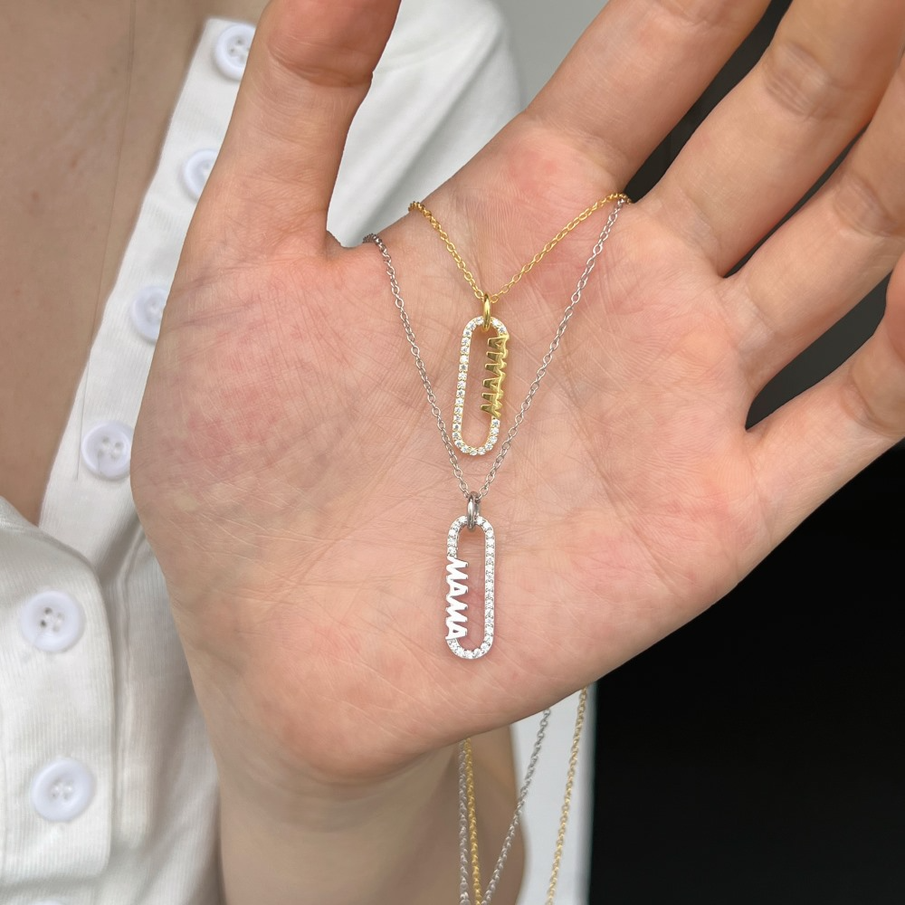 Silver Zircon Round Cut Sided Mama Bar Necklace