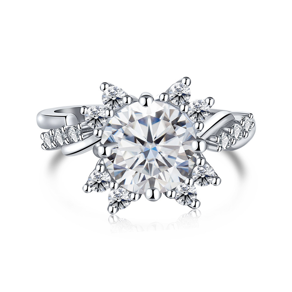 Silver Zircon Round Cut Inlaid Halo Flower Solitaire Ring