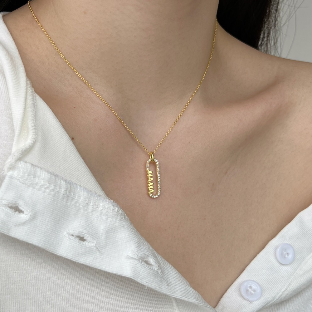 Silver Zircon Round Cut Sided Mama Bar Necklace