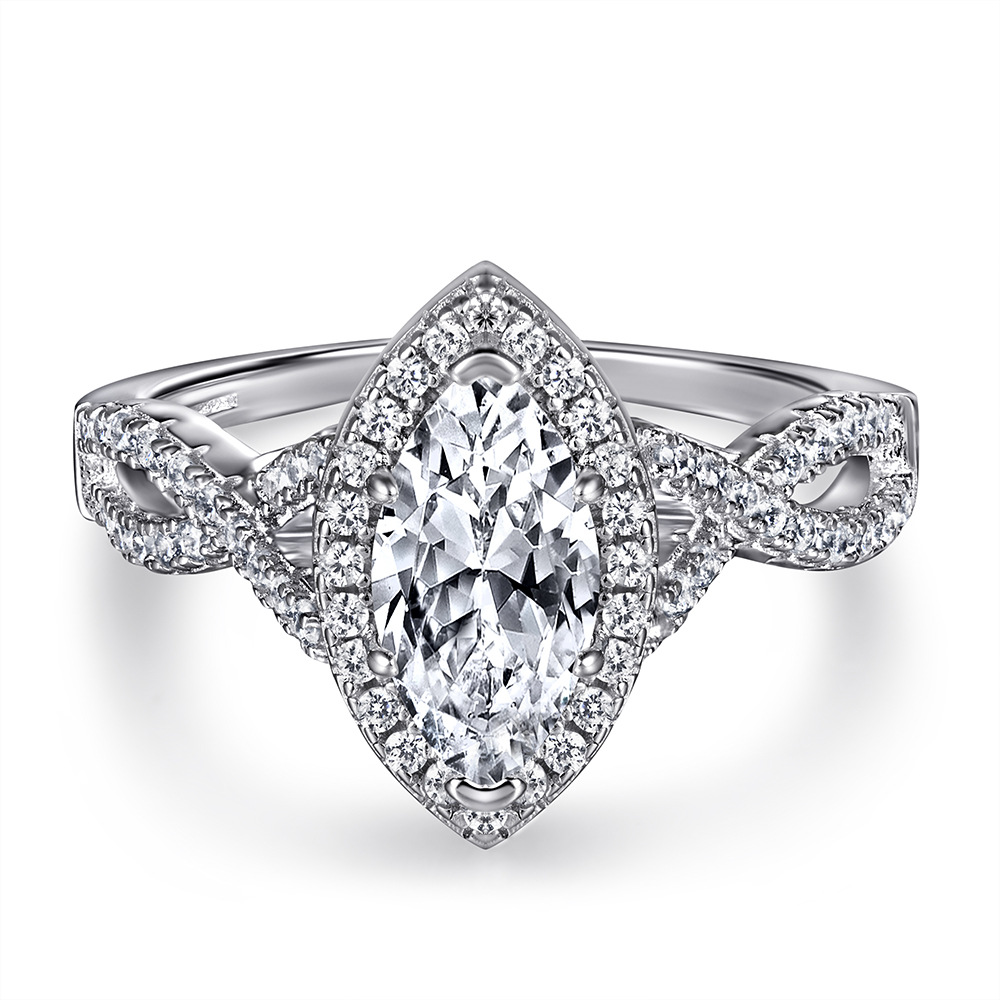 Silver Zircon Marquise Cut Iced Twisted Halo Ring