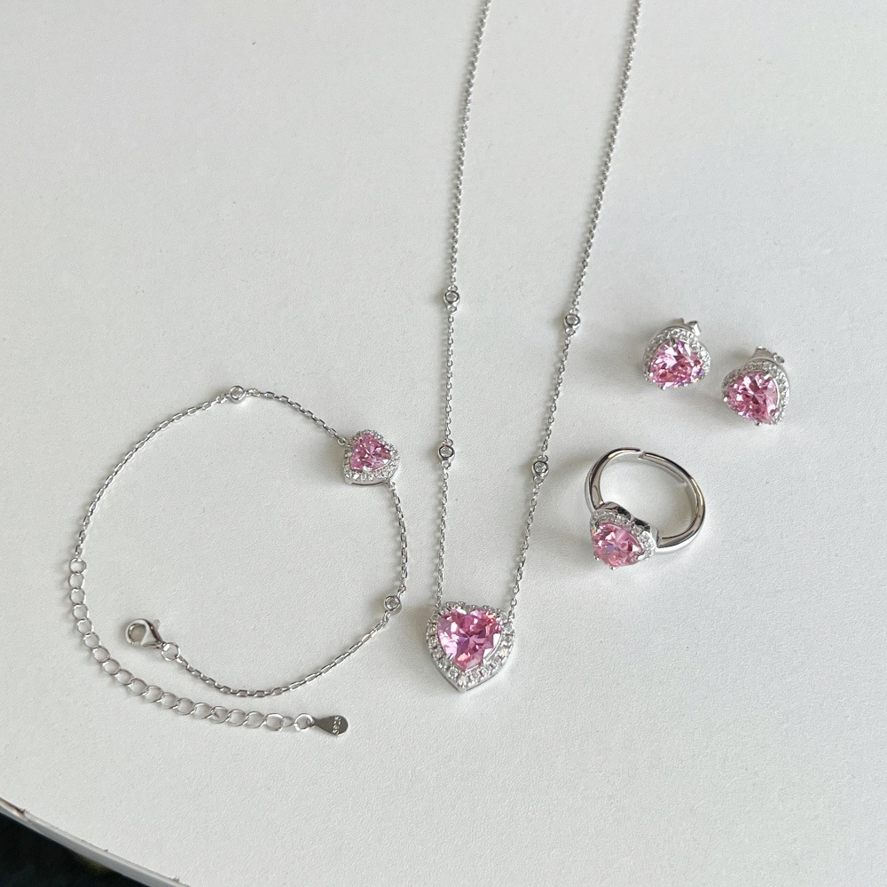 Silver Zircon Heart Cut Halo Jewelry Set