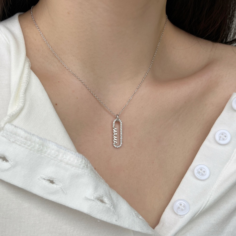 Silver Zircon Round Cut Sided Mama Bar Necklace