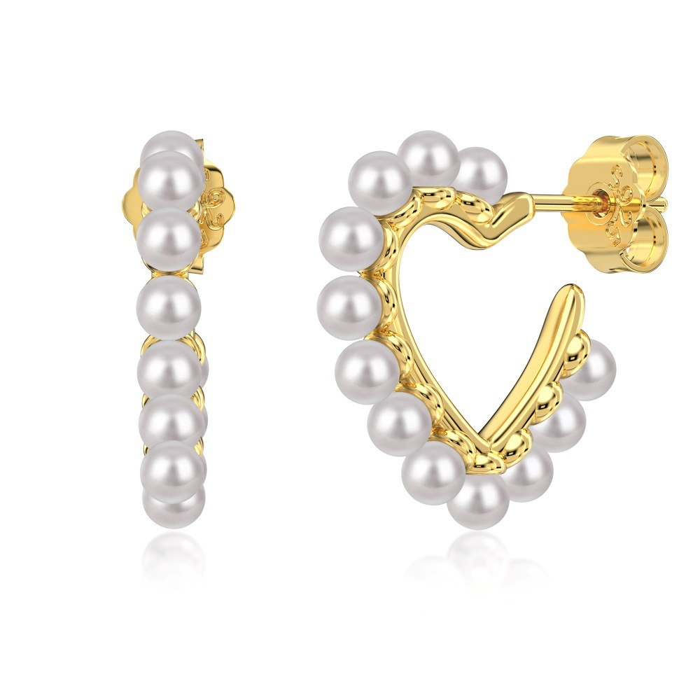 Silver Pearl Heart Hook Ear Hoops