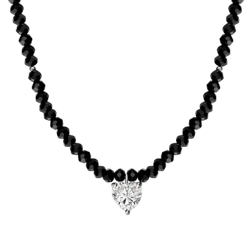 Silver Zircon Heart Cut Double Layer Beaded Necklace