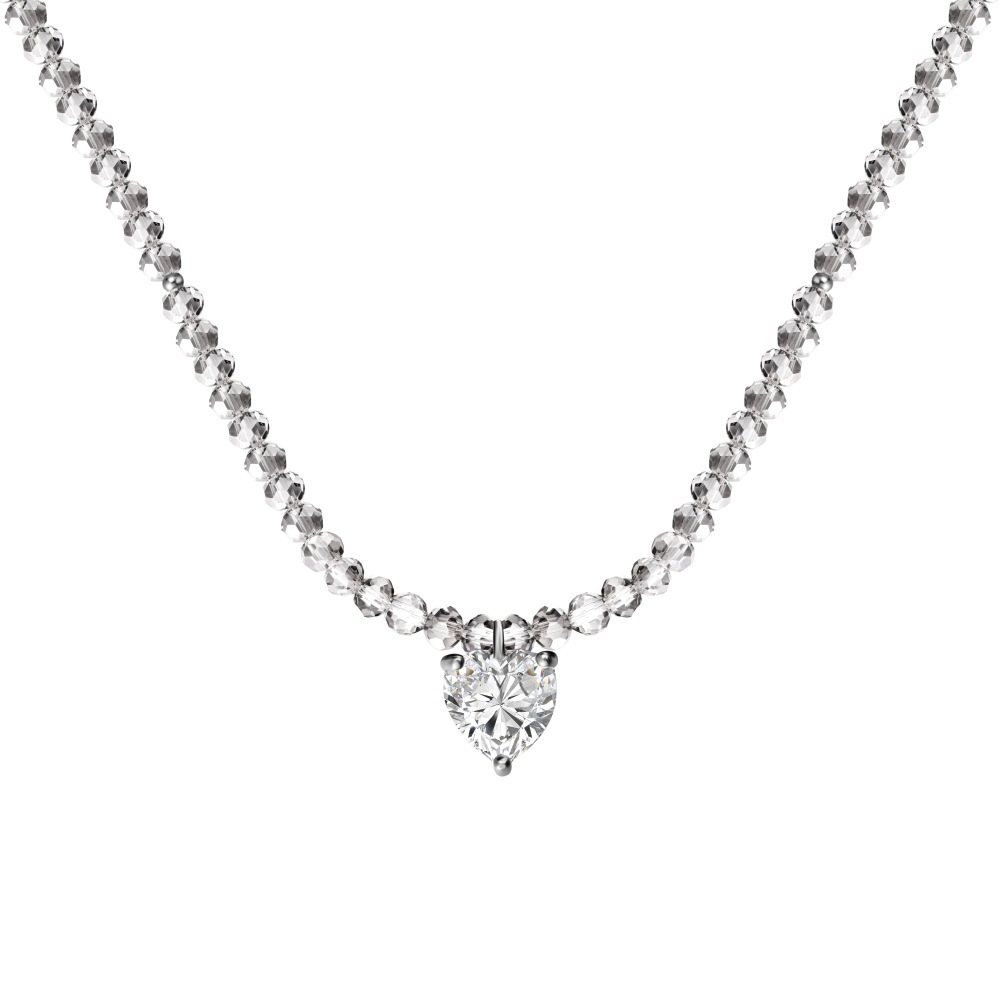 Silver Zircon Heart Cut Double Layer Beaded Necklace
