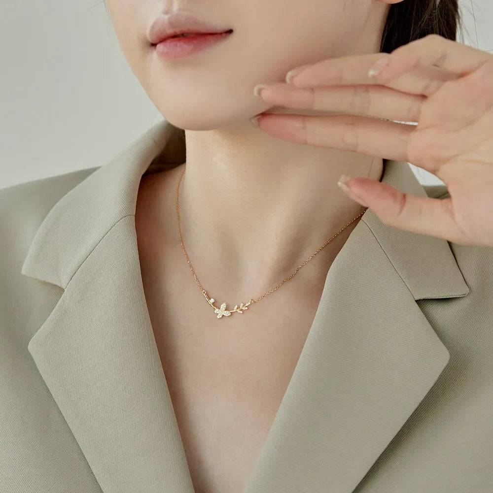 Silver Zircon Round Cut Butterfly Bar Necklace