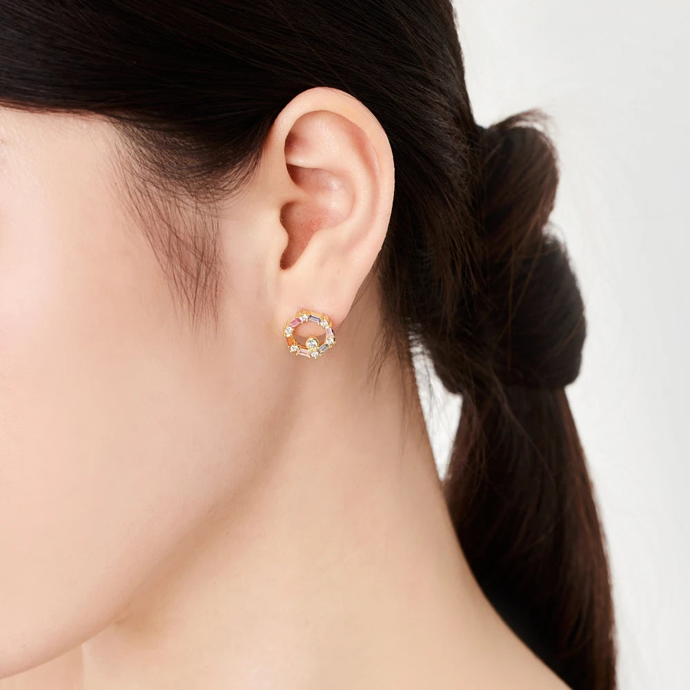 Silver Zircon Baguette Cut Multi Shape Hollow Disc Ear Studs
