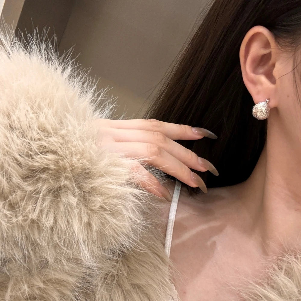 Silver Textured Sphere Huggie Earrings