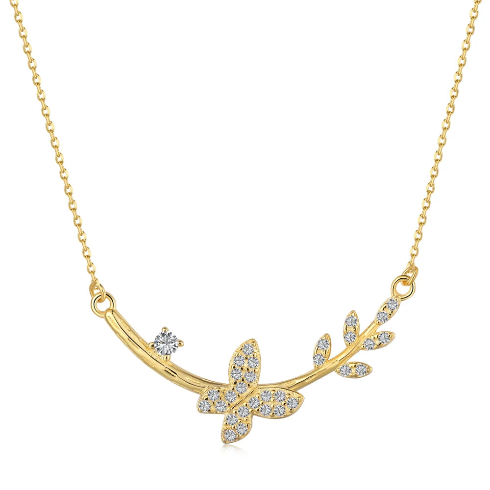 Silver Zircon Round Cut Butterfly Bar Necklace