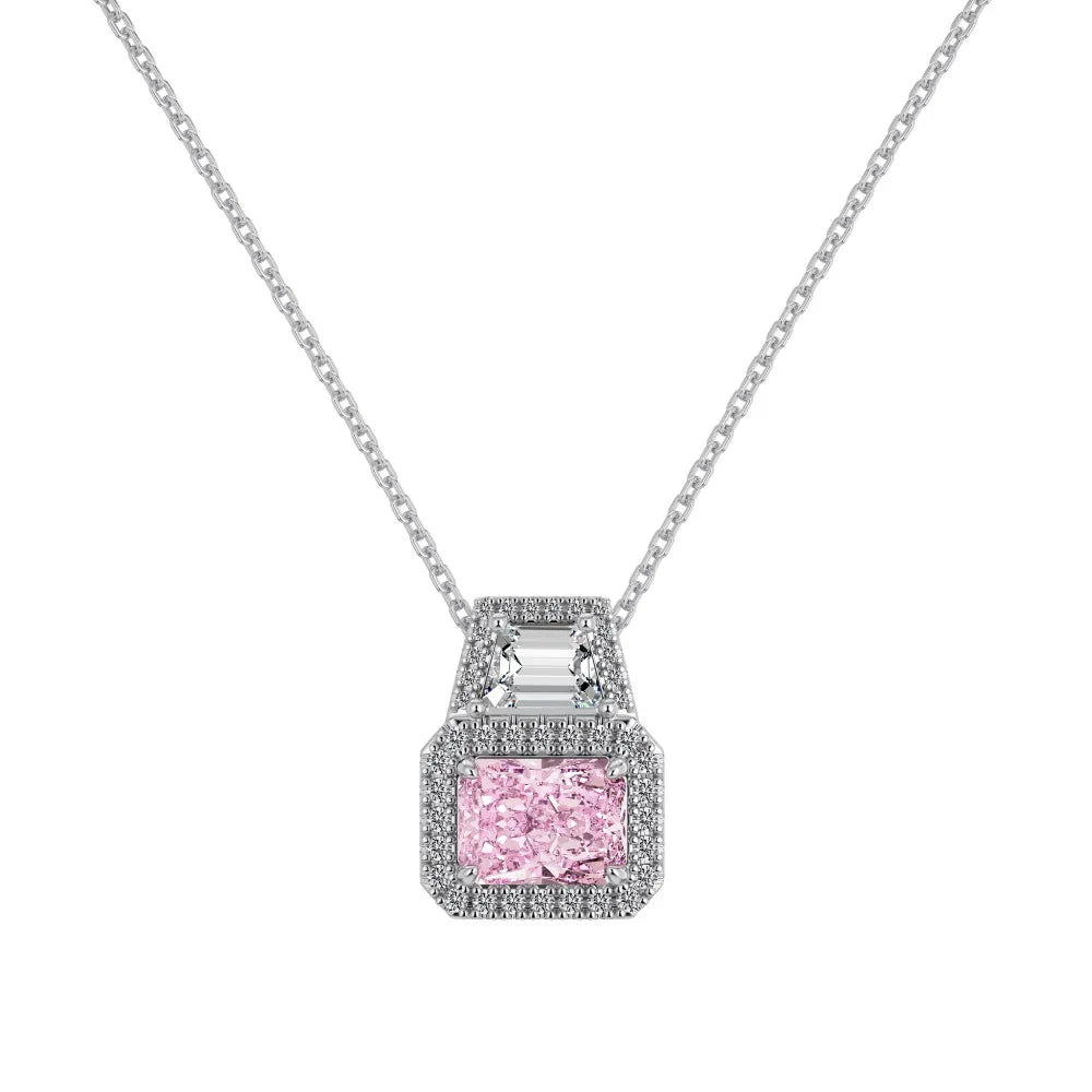 Silver Zircon Radiant Cut Halo Pendant Necklace