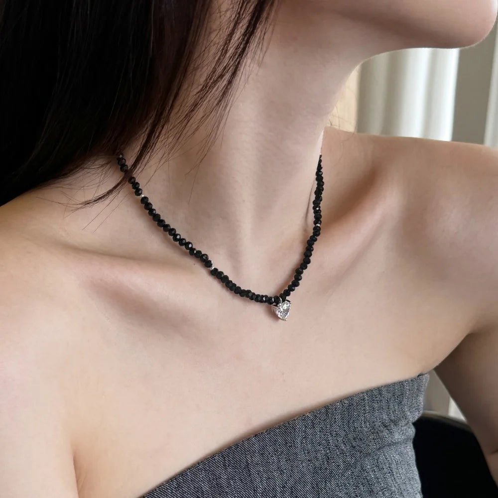 Silver Zircon Heart Cut Double Layer Beaded Necklace
