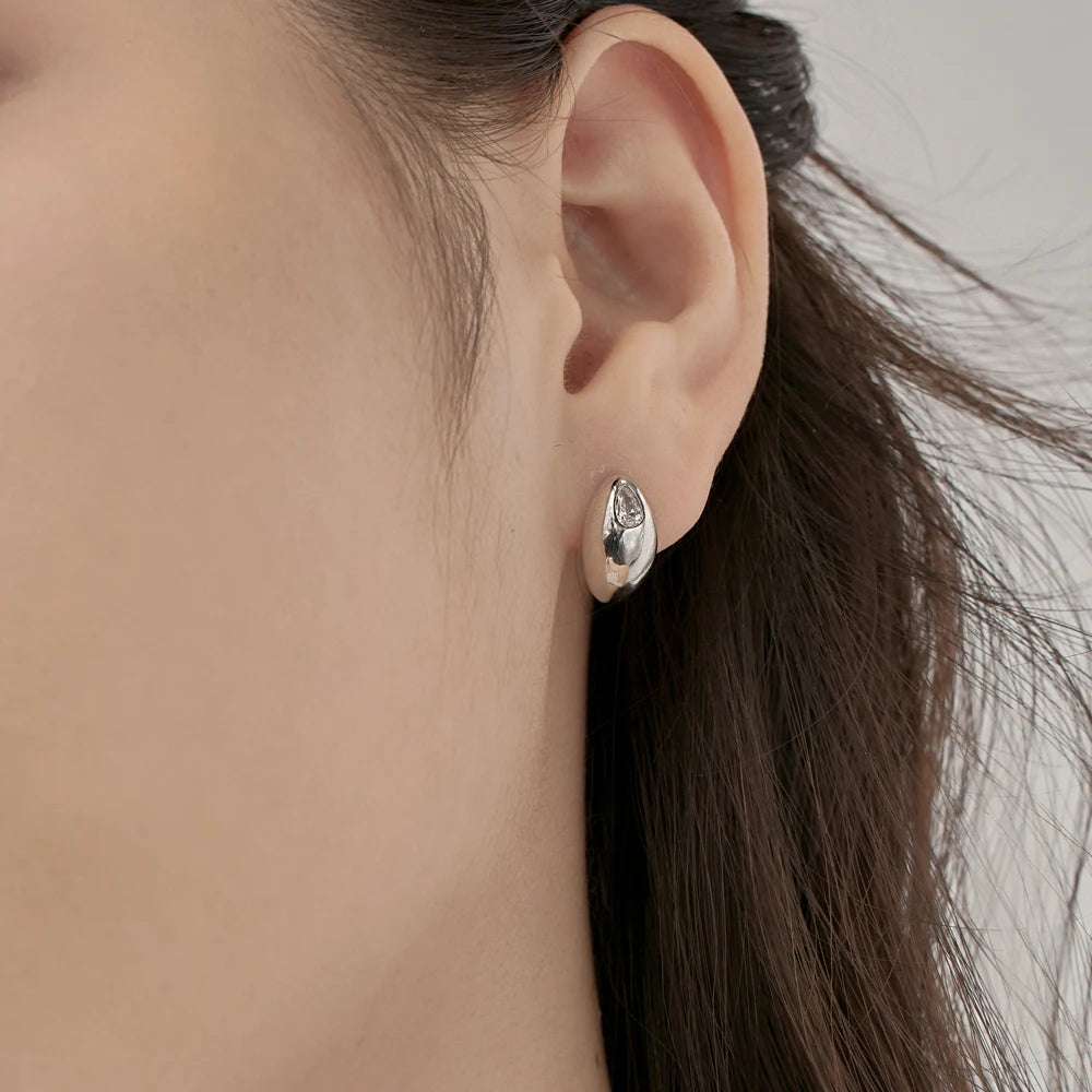 Silver Zircon Pear Cut Curved Water Drop Ear Studs