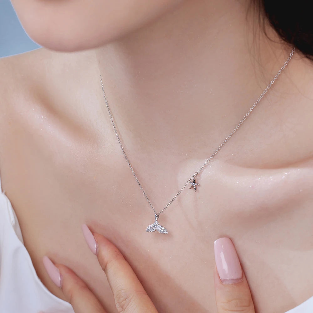 Silver Zircon Round Cut Whale Tail Pendant Necklace