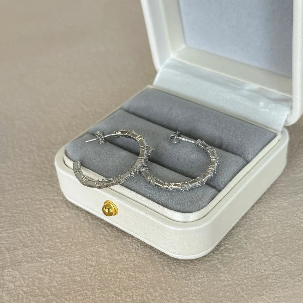 Silver Zircon Round Cut Inlaid Flower Ear Hoops