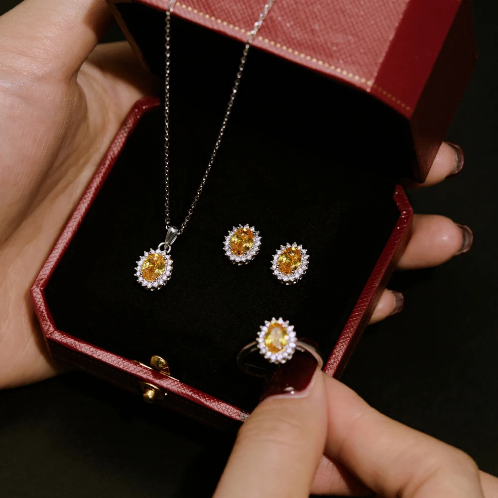Silver Zircon Oval Cut Inlaid Halo Flower Jewelry Set