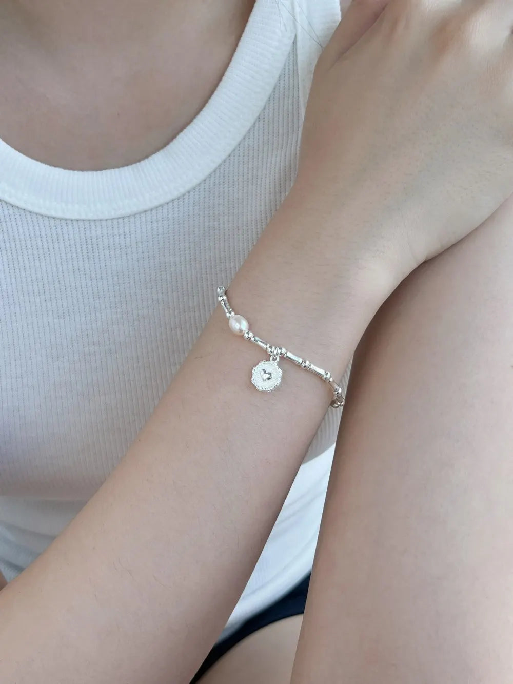 Silver Bamboo Beaded Bracelet