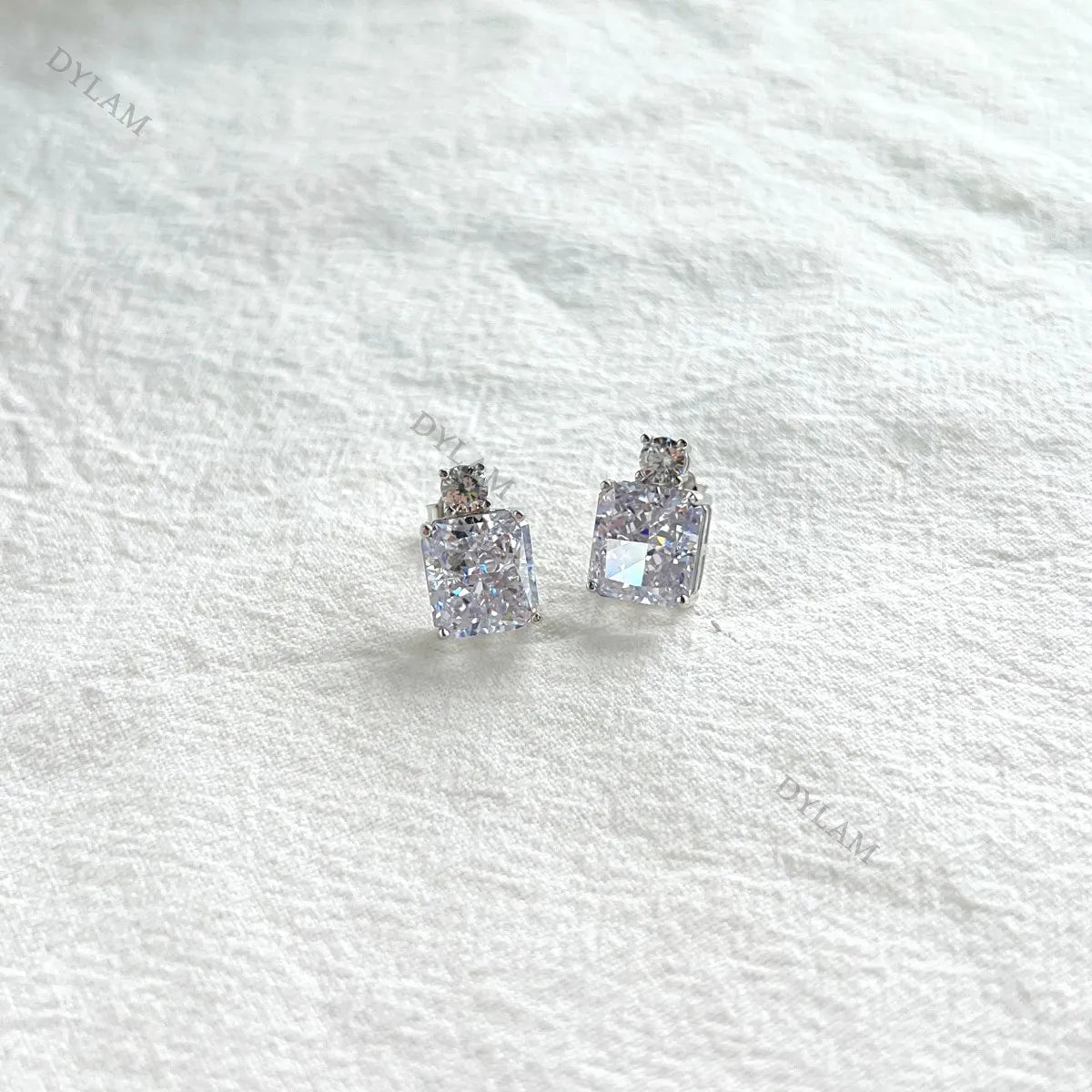 Silver Zircon Radiant Cut Stacked Squared Ear Studs