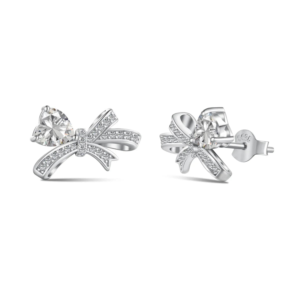 Silver Zircon Heart Cut Bow Knot Ear Studs