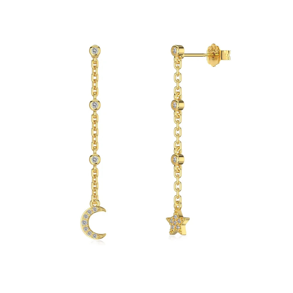 Silver Zircon Round Cut Crescent Star Dangle Drop Earrings
