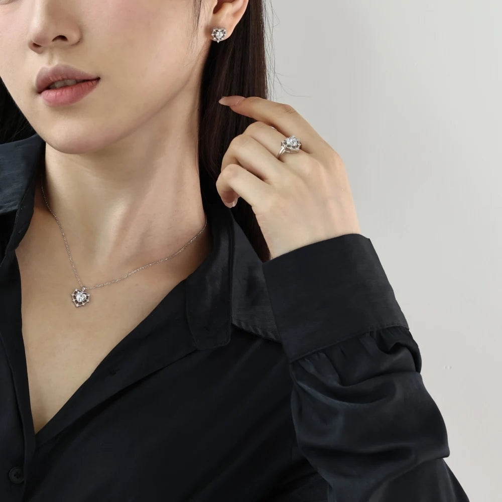 Silver Zircon Heart Cut Halo Multi Layer Ear Studs