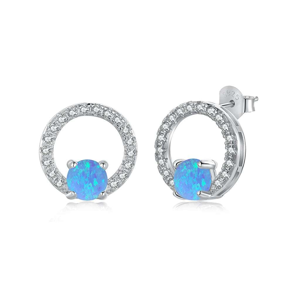 Silver Opal Round Cut Halo Disc Ear Studs