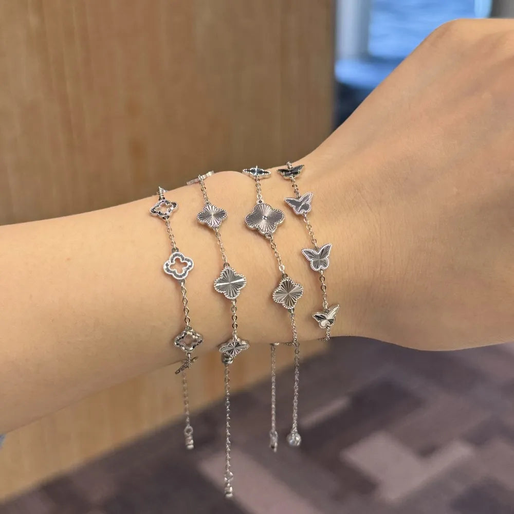Silver Hollow Clover Charm Bracelet