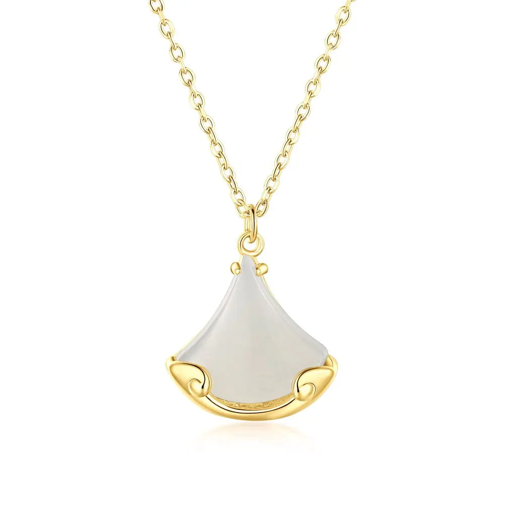 Silver Jade Cut Ginkgo Leaf Pendant Necklace