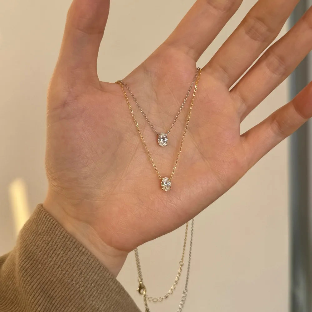 Silver Zircon Oval Cut Small Single Pendant Necklace