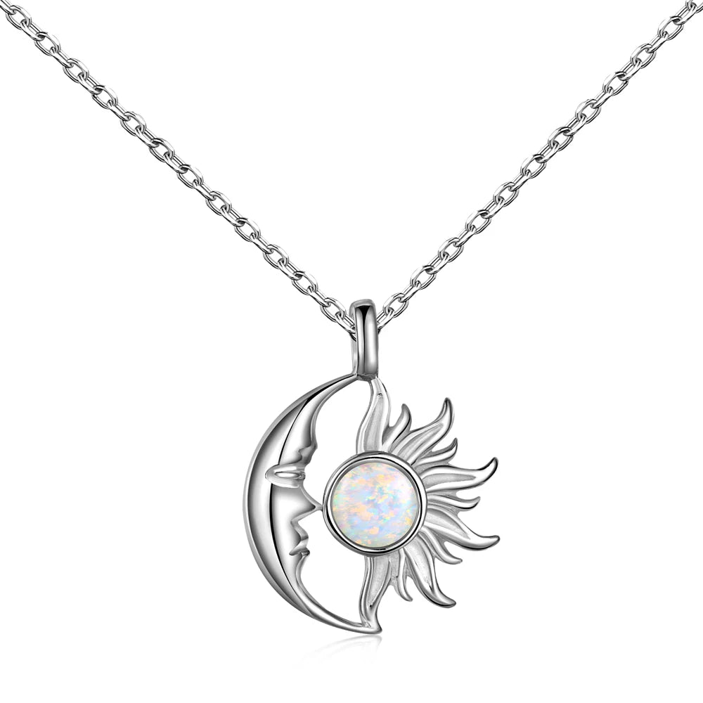 Silver Opal Round Cut Crescent Sunshine Pendant Necklace