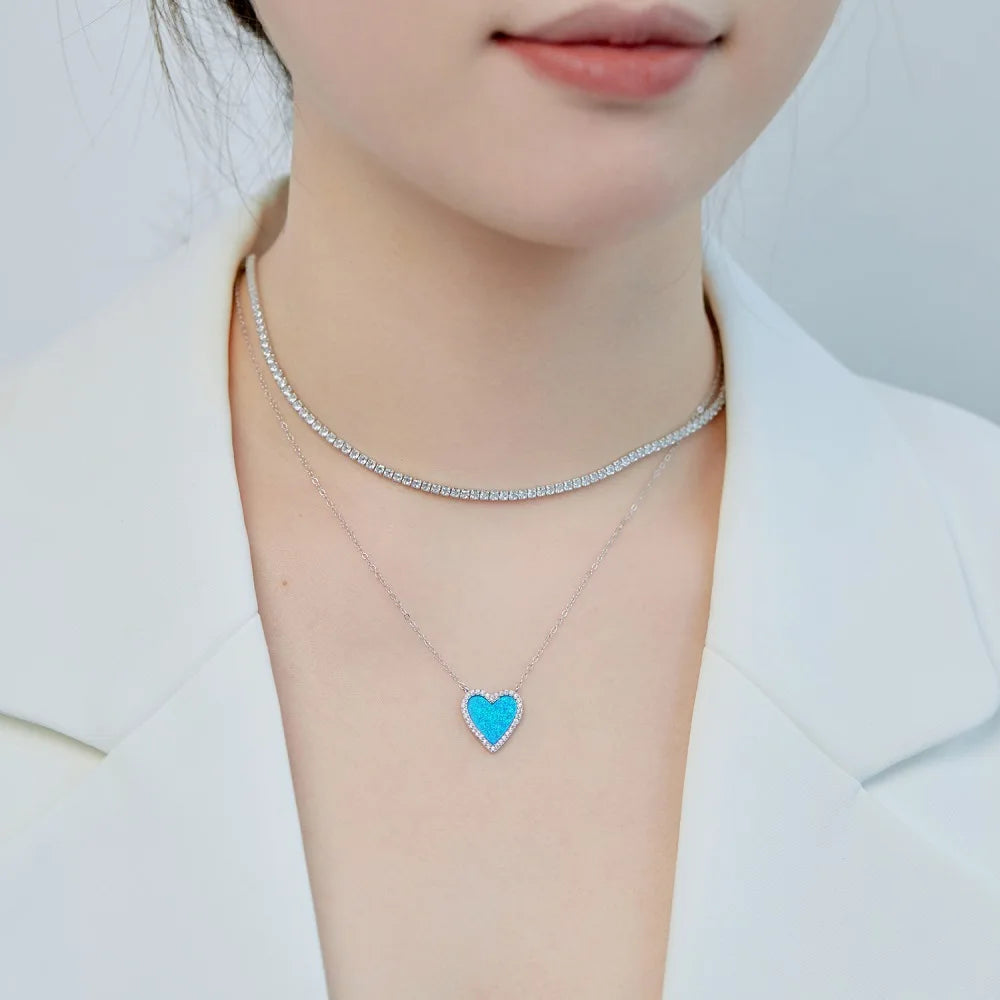 Silver Opal Heart Cut Halo Pendant Necklace