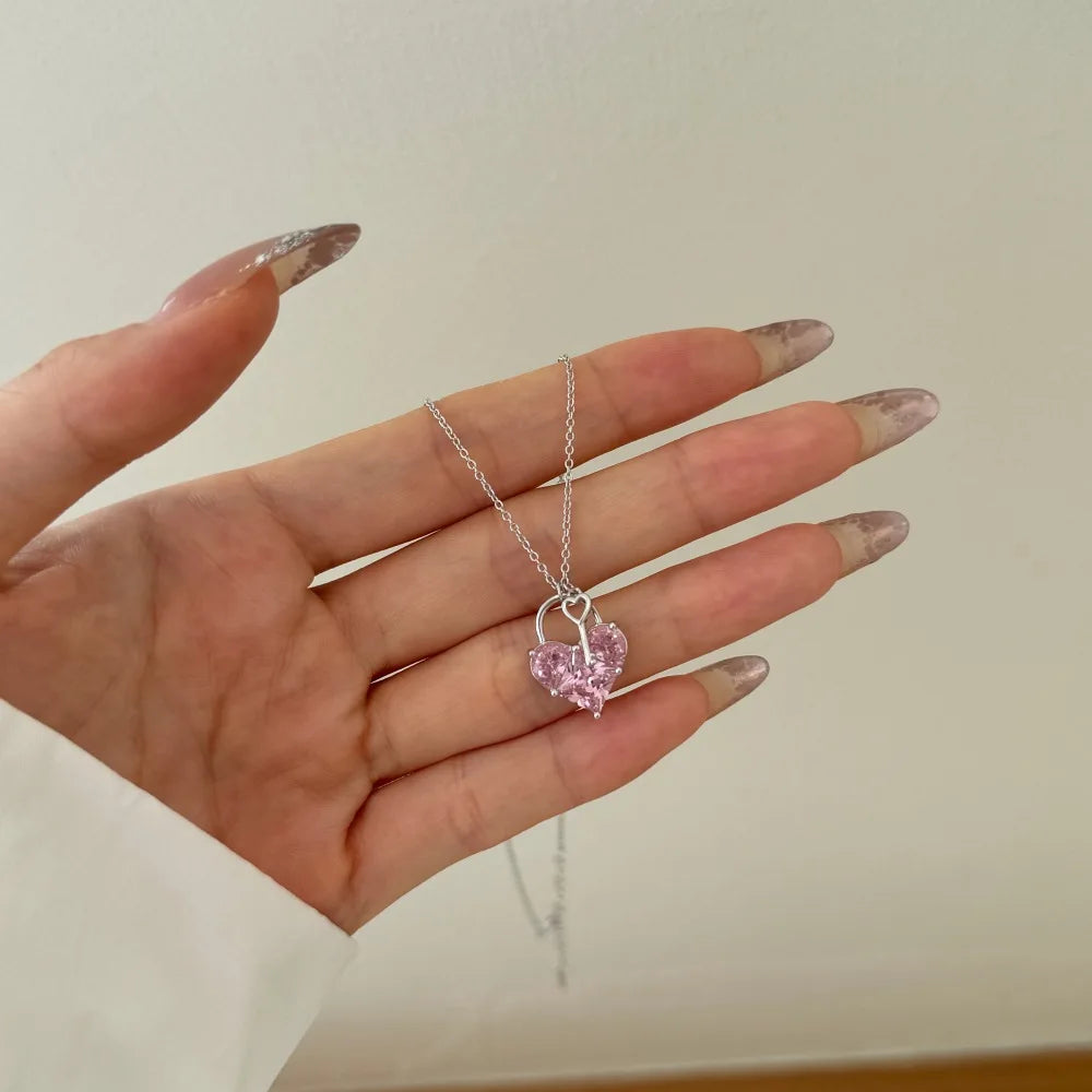 Silver Zircon Princess Cut Love Key Pendant Necklace