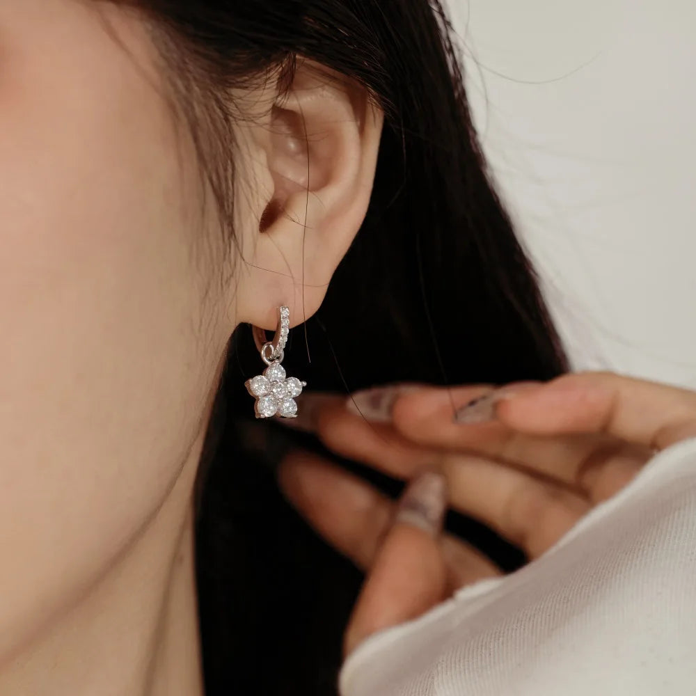 Silver Zircon Round Cut Drop Flower Ear Hoops