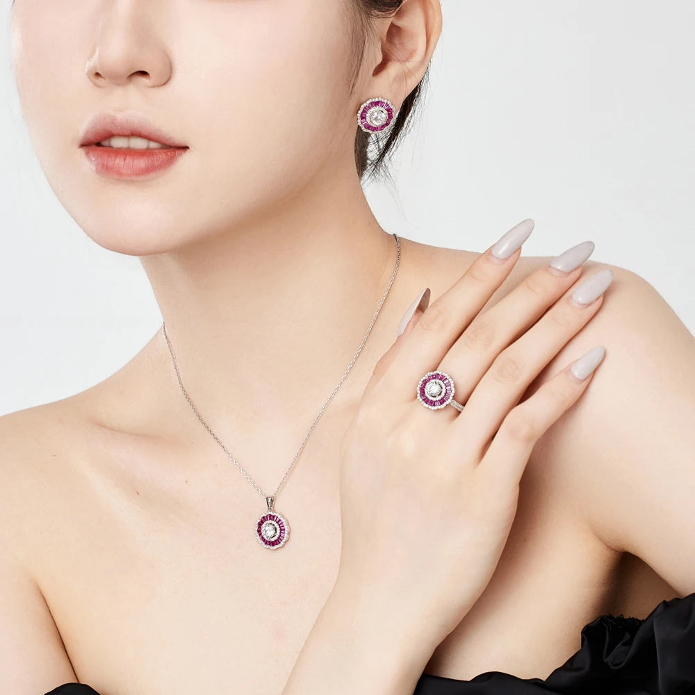 Silver Zircon Tapered Baguette Cut Halo Flower Pendant Necklace