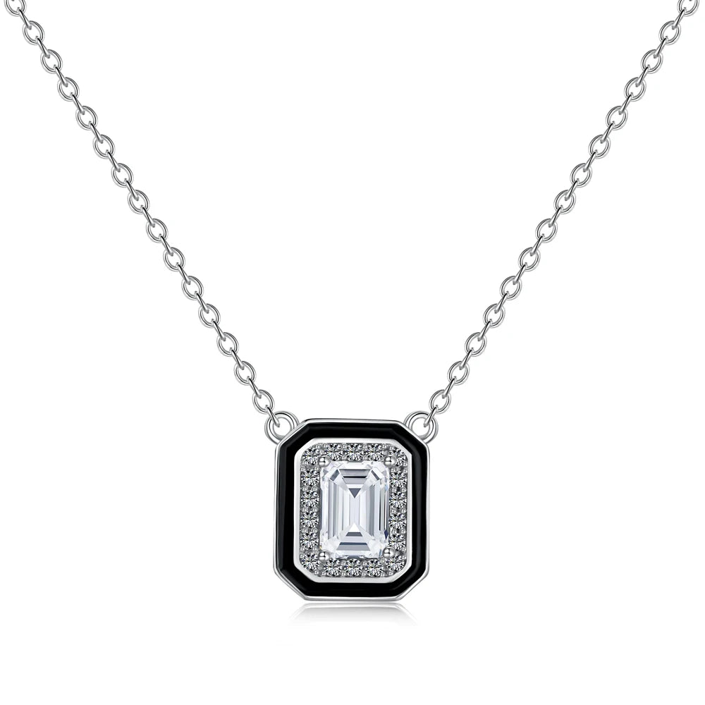 Silver Zircon Emerald Cut Frame Pendant Necklace