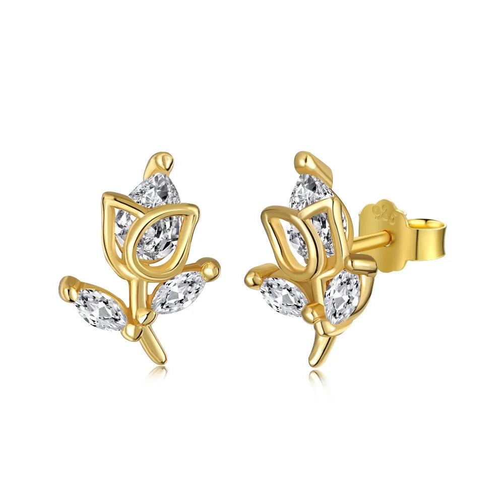 Silver Zircon Pear Cut Flower Ear Studs