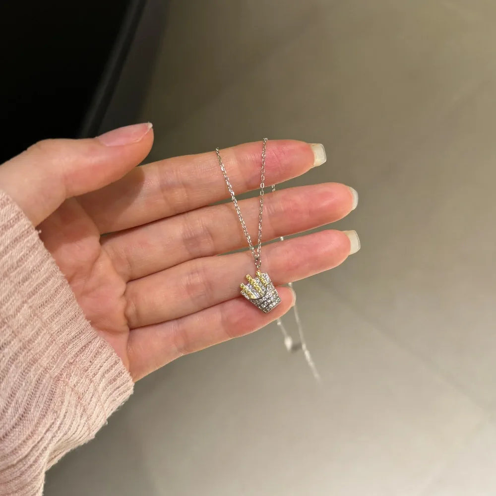 Silver Zircon Round Cut French Fries Pendant Necklace