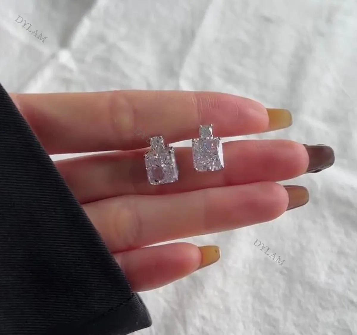 Silver Zircon Radiant Cut Stacked Squared Ear Studs