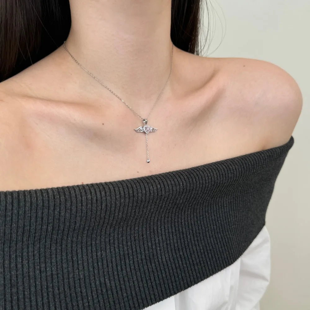 Silver Zircon Heart Cut Wings Pendant Necklace