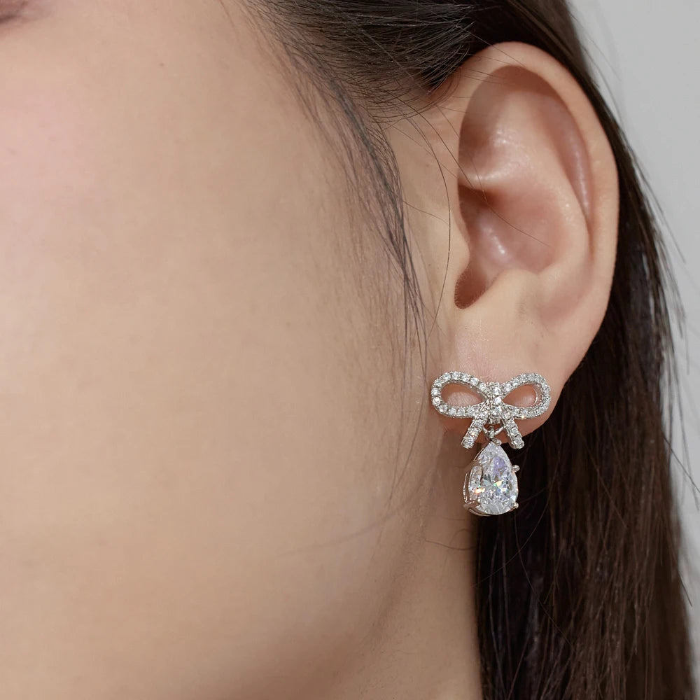 Silver Zircon Pear Cut Bow Drop Earrings