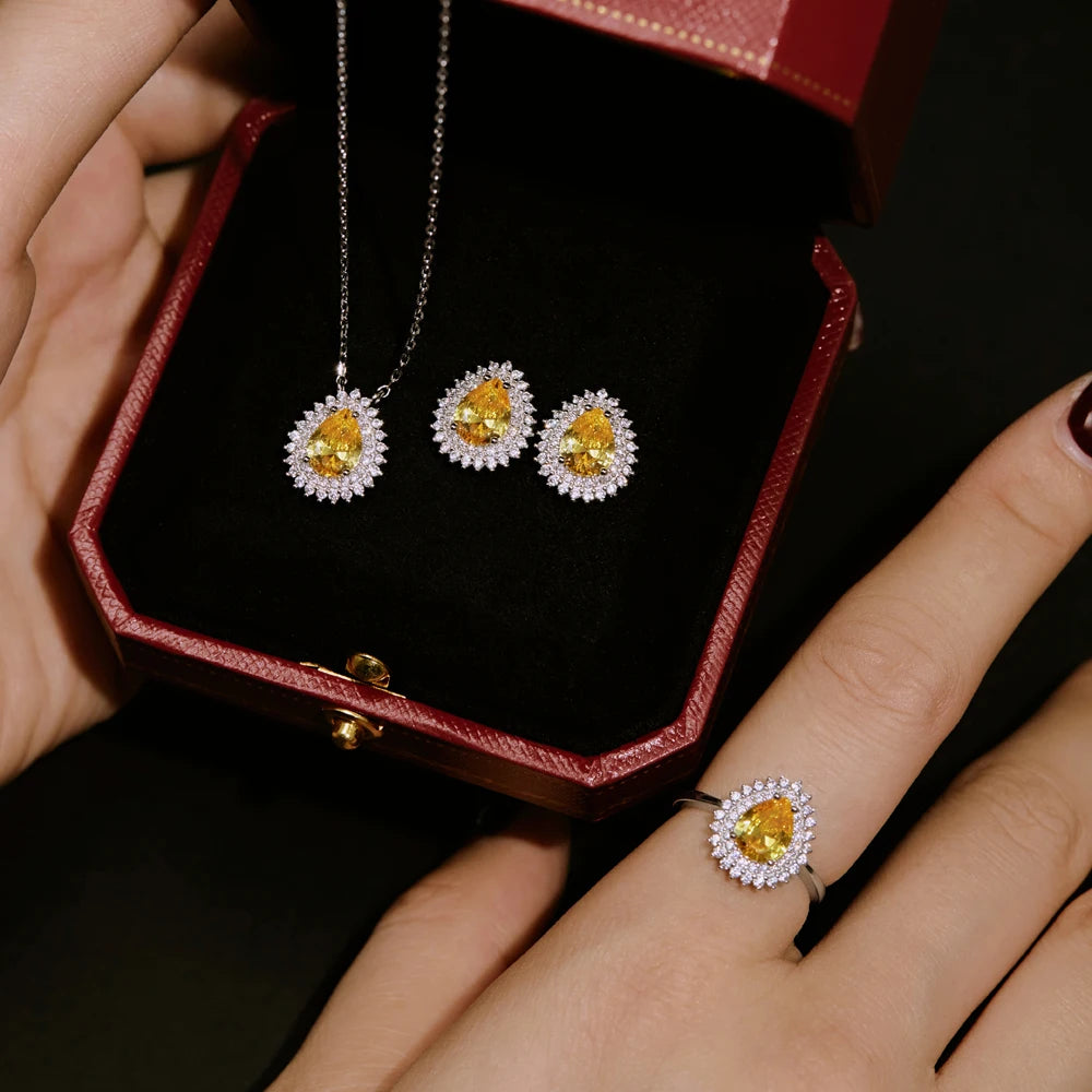 Silver Zircon Pear Cut Inlaid Halo Water Drop Pendant Necklace