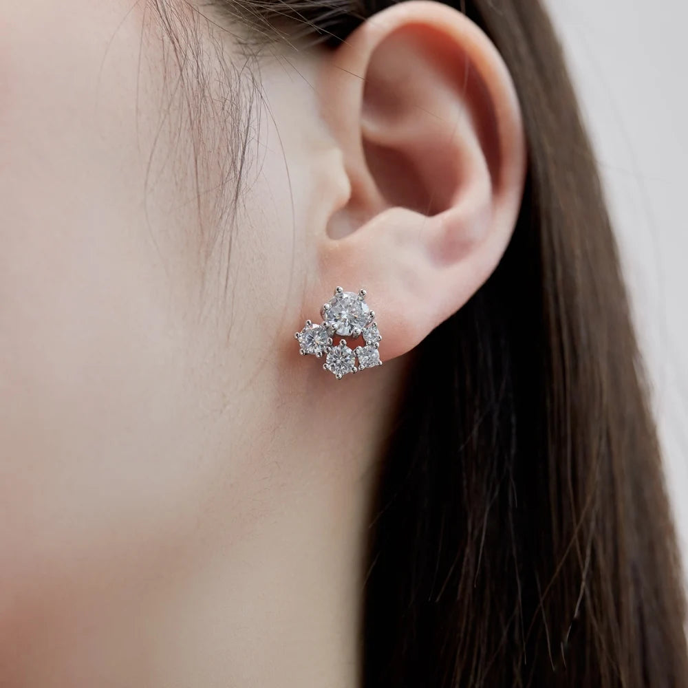 Silver Moissanite Round Cut Inlaid Ear Studs