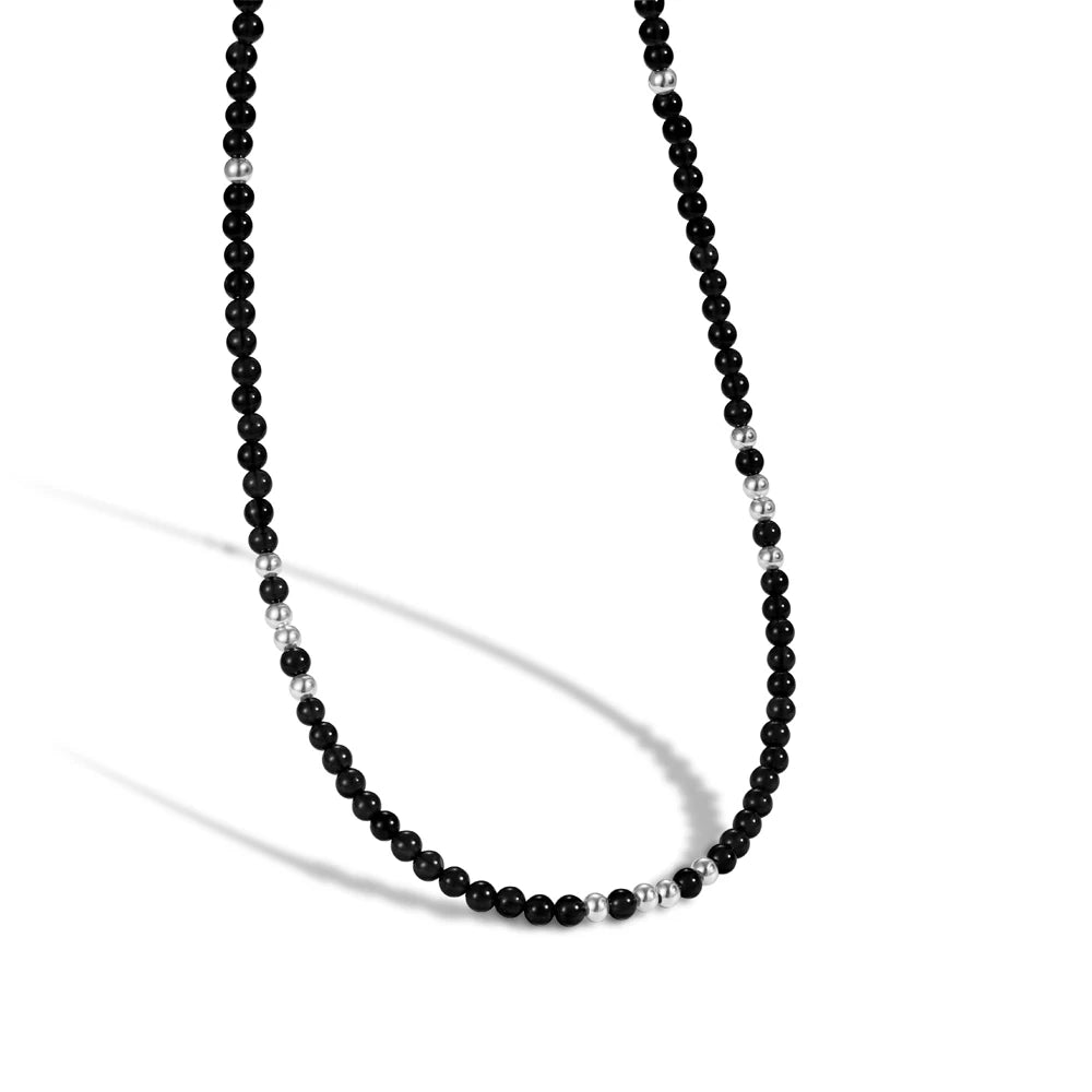Silver Onyx Round Cut Classic Beaded Necklace