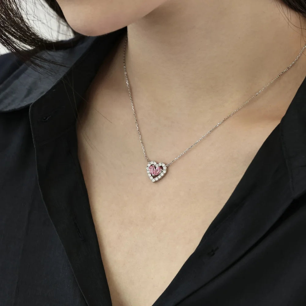 Silver Zircon Pear Cut Halo Heart Pendant Necklace