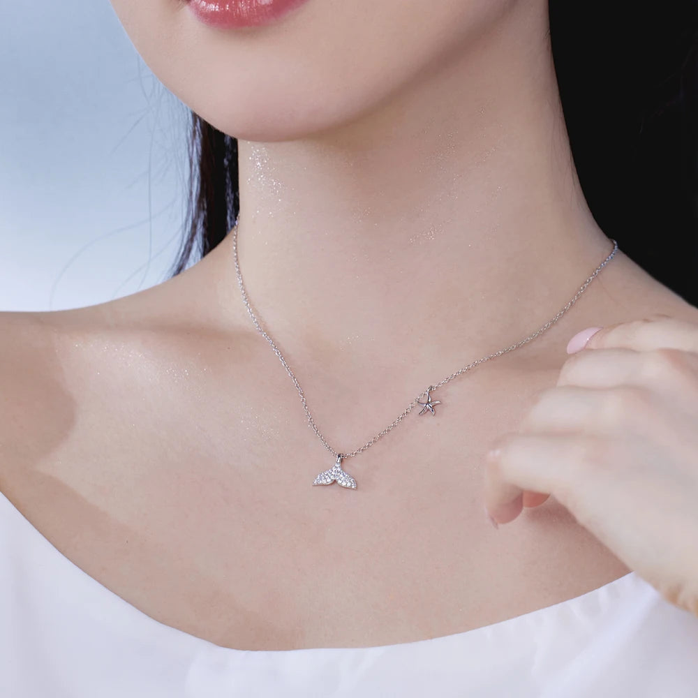 Silver Zircon Round Cut Whale Tail Pendant Necklace