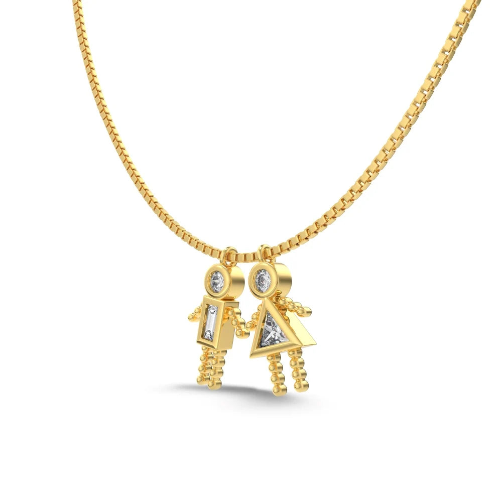 Silver Zircon Triangle Cut Girl & Boy Pendant Necklace