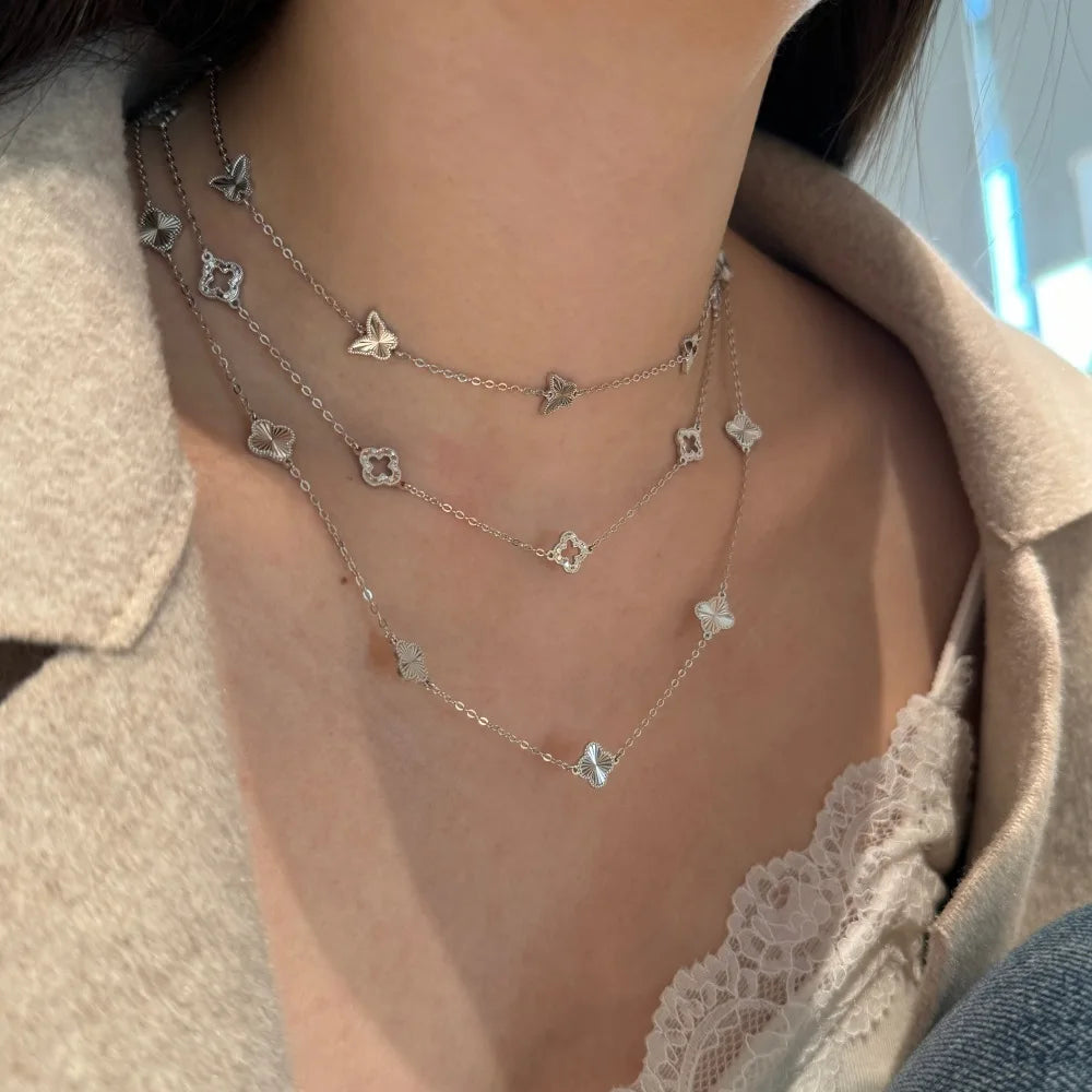 Silver Hollow Layered Clover Chain Necklace