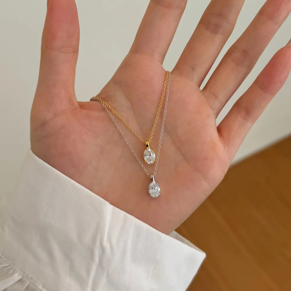 Silver Zircon Oval Cut Egg Pendant Necklace