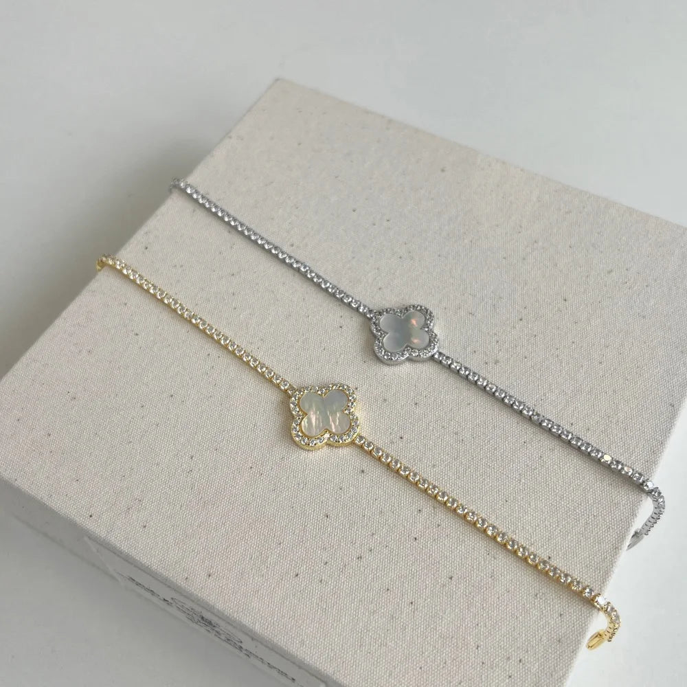 Silver Zircon Round Cut Clover Tennis Bracelet