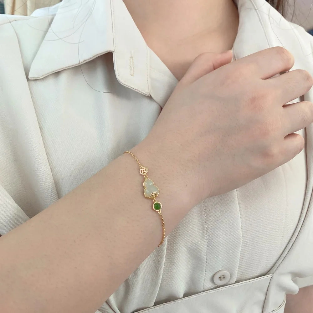 Silver Jade Cut Gourd Chain Bracelet